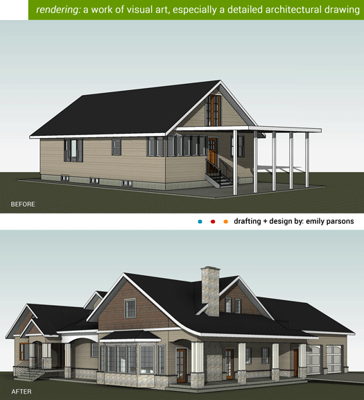 before and after of a farm home modeled in Revit