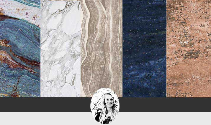 Blue Louise granite, Calacatta Borghini Marble, Oakmoor Cambria quartz, Elderberry Corian, Chestnut Milk Paint Wilsonart 