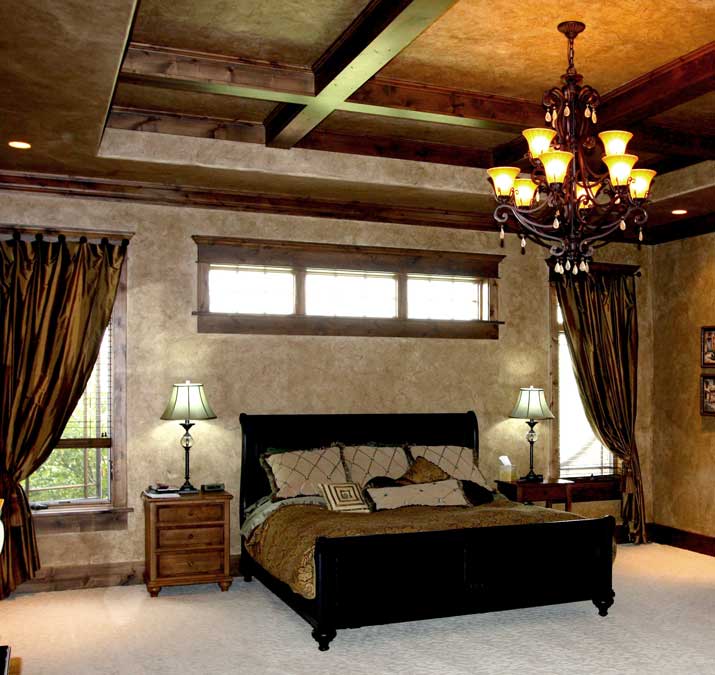 coffered beam ceiling lighting master bedroom