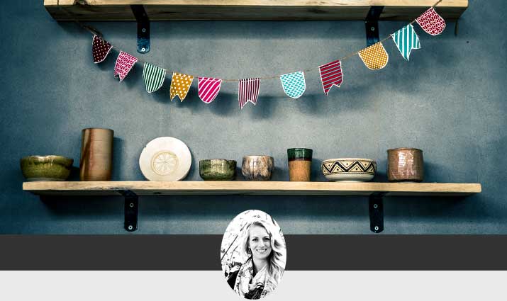 plates on a shelf with a colored banner