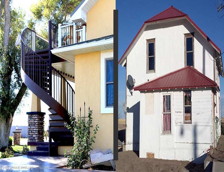 farm house revitalized with yellow stucco and spiral exterior staircase