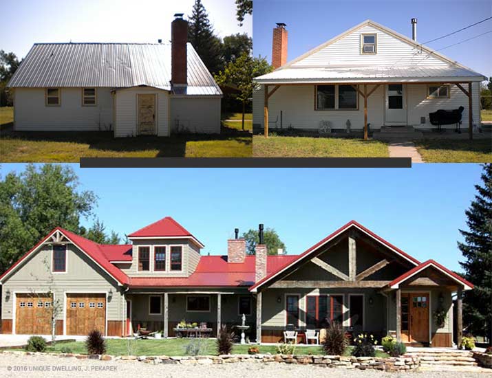 barn style addition with red roof red windows and wood accents