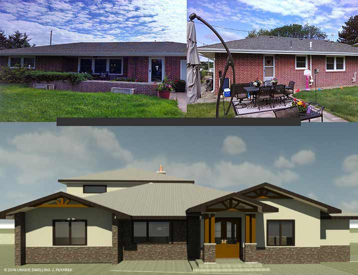 before and proposed after of one story brick ranch house