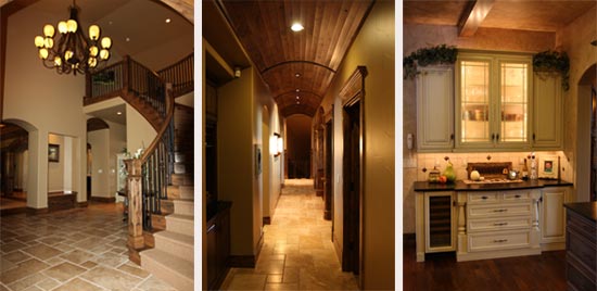 white range hood with cherry cabinets