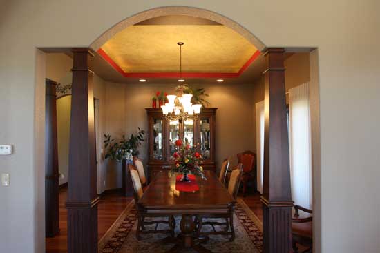 coffered ceiling with red accent color