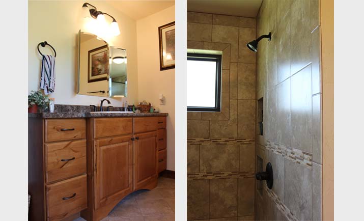 knotty pine millwork with walk-in shower