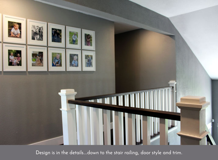 stair railing photo collage gray walls white trim