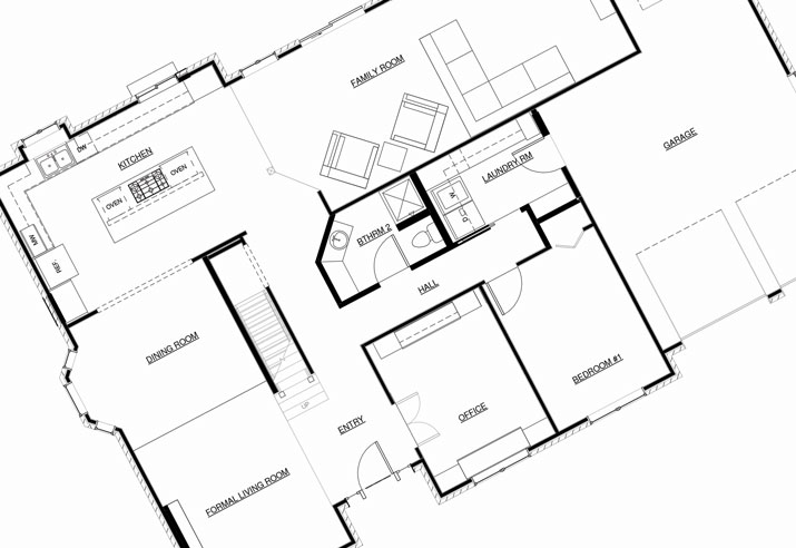 main level floorplan of new space features open Kitchen with large island