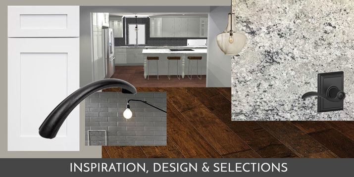 material selection includes dark wood floor black hardware lighting gray subway tile white cabinets and counter tops