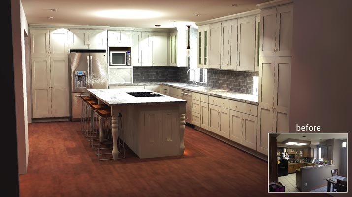 3d rendering of kitchen with before photo