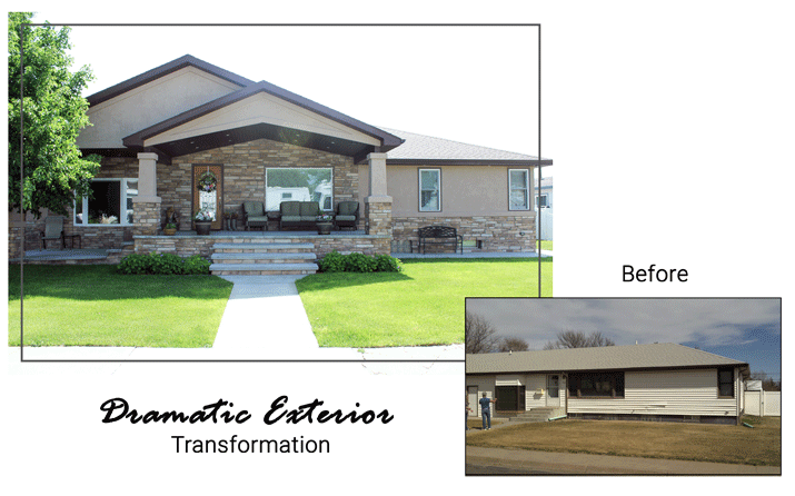 ranch house face lift with porch stucco stone