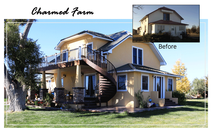 exterior remodel yellow stucco balcony spiral staircase