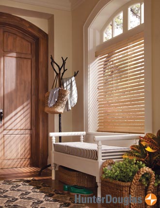 everwood alternative wood blind in entry window above bench