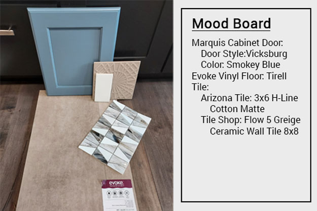 marquis cabinet color smokey blue with evoke vinyl floor tile and tan wall tiles